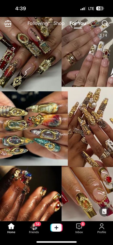 Colorful Charm Nails, Gold Maximalist Nails, Maximalism Nails, Nails Streetwear, Hispanic Nails, Dubai Nails, Boho Nails, Long Acrylic Nail Designs, Cute Acrylic Nail Designs