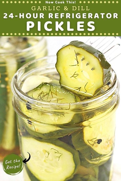 These homemade garlic and dill refrigerator 24-hour pickles (or quick pickles) are quick, easy, crisp, fresh, jam-packed with flavor. About 15 minutes of prep time and a few simple ingredients are all you need. They're perfect alongside (or on) a sandwich or burger or as a delicious snack! Get the recipe and give them a try! Fresh Pickles, Pickles Homemade Easy, Refrigerator Dill Pickles, Pickles Homemade, Refrigerator Jam, Refrigerator Pickles Dill, Refrigerator Pickle Recipes, Garlic Dill Pickles, Homemade Pickles Dill