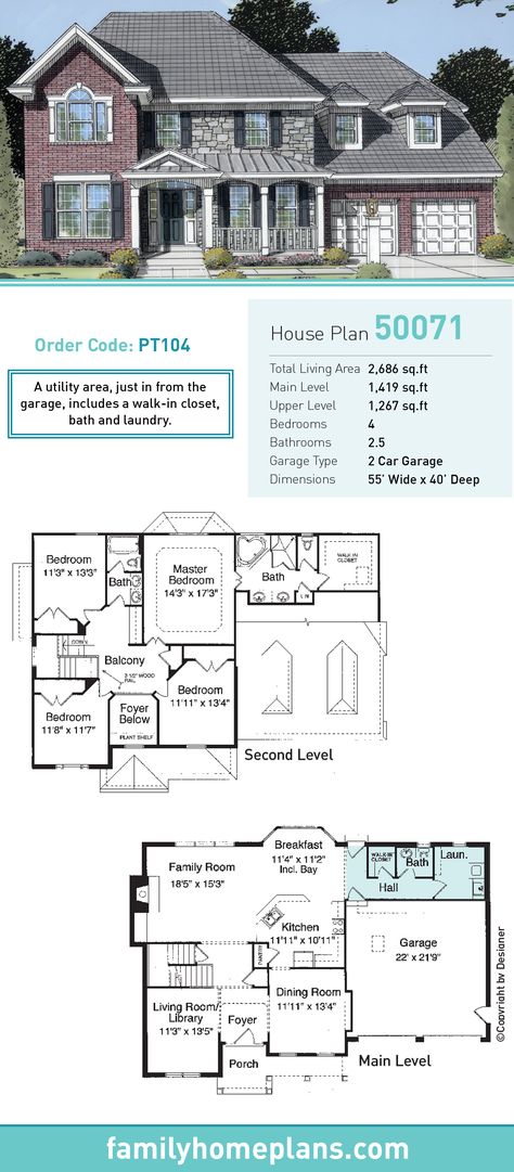 Traditional House Plan 50071 | Total Living Area: 2686 SQ FT, 4 bedrooms and 2.5 bathrooms. A utility area, just in from the garage, includes a walk-in closet, bath and laundry. #traditionalhome Floor Plans 4 Bedroom 2 Story, Six Bedroom House Plans, House Blueprints Two Story, Roblox Bloxburg House Layouts 2 Story, The Sims 4 Houses Ideas Floor Plans, 4 Bedroom House Plans 2 Story, Traditional American House, Utility Area, Sims 4 Houses Layout