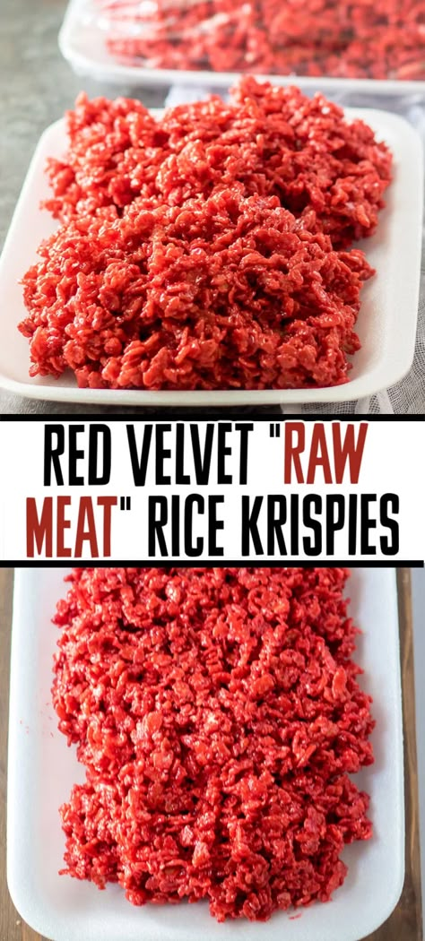 Give your rice krispie treats a spooky upgrade and make these red velvet "raw meat" rice krispie treats! It only takes a few ingredients and a few minutes to put together these tasty Halloween treats but your guests won't forget them! | www.persnicketyplates.com Rice Krispie Raw Meat, Rice Krispies Halloween Treats, Halloween Treats With Rice Krispies, Halloween Treats Spooky, Rice Crispy Meat Halloween, Red Velvet Rice Krispie Treats Halloween, Gross Food Halloween, Halloween Treats For Potluck, Halloween Food Gross