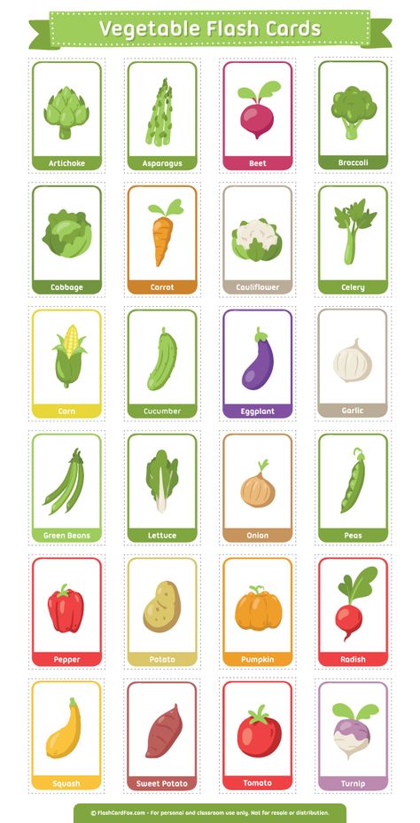 Free printable vegetable flash cards. Download the PDF at http://flashcardfox.com/download/vegetable-flash-cards/ Spanish Flashcards, Materi Bahasa Jepang, Learning English For Kids, Flashcards For Kids, Kids English, Printable Flash Cards, English Lessons For Kids, English Activities, Flash Card