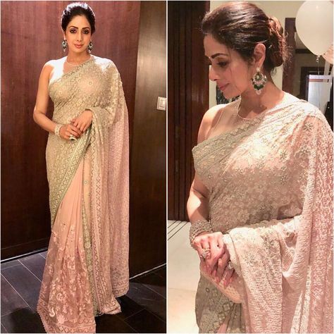 Sridevi Kapoor Dazzles in Tarun Tahiliani’s Sheer Saree Indian Bridal Reception Outfit, Bridal Reception Outfit, Sridevi Kapoor, Sri Devi, Lehenga Style Saree, Designer Sarees Wedding, Reception Outfit, Lehenga Blouse Designs, Lehenga Style