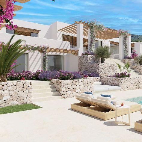 Ibiza Home Exterior, Ibiza Houses Architecture, Mediterranean Houses Exterior, Ibiza Beach House, Modern Greek House Exterior, Greek House Exterior, Luxury Beach House Exterior, Greek House Design, Greek Beach House