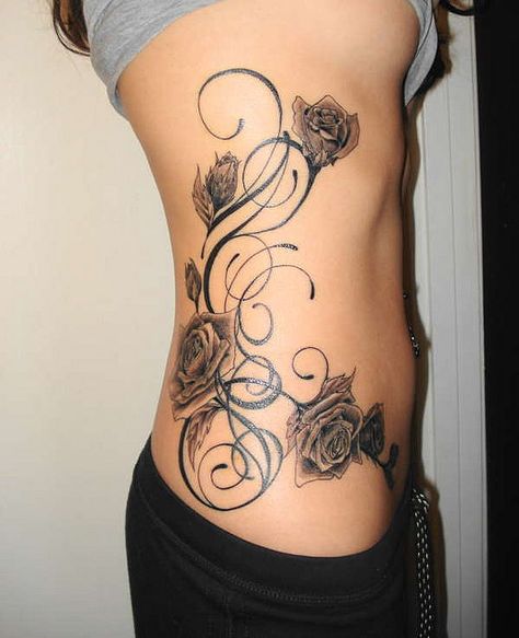 yes, but switch the roses for lilies and turn it over so the long part goes under my breast Girl Side Tattoos, Rose Tattoo Black, Rose Tattoo On Side, Rose Vine Tattoos, Cage Tattoos, Armband Tattoos, Polynesian Tattoos, Ribcage Tattoo, Female Tattoos