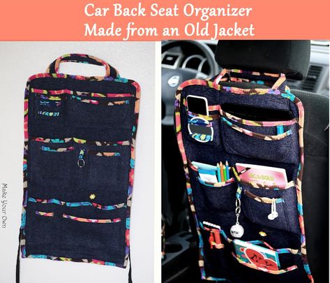 Make Your Own: Car Back Seat Organizer Made from an Old Jacket  Tutorial Car Seat Organizer Diy, Car Organization Kids, Diy Car Seat Cover, Jacket Tutorial, Car Organization Diy, Back Seat Organizer, Car Caddy, Old Jacket, Car Organizers