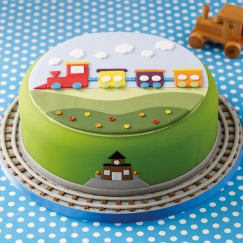 All aboard this cute and simple train design by Cake & Craft blog.⁣ ⁣ —————————————⁣⁣ Planes, trains and automobiles #inspiration… Cake Solar System, Cake Train, Goodbye Cake, Bon Voyage Cake, Baking Birthday Cake, Thomas Cake, Christening Cupcakes, Thomas Cakes, Clown Cake