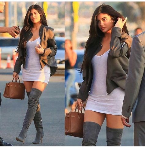 How To Wear Thigh High Boots, Denim Knee High Boots, Thanksgiving Fit, Heels With Platform, Kylie Jenner Look, Suede Over The Knee Boots, Kylie Jenner Outfits, Kylie Jenner Style, King Kylie