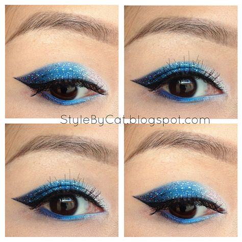 Blue glitter gradient cat eye shape enhances Asian almond eyes. Dance Competition Makeup, Competition Makeup, Almond Eye Makeup, Glitter Gradient, Prom Eye Makeup, Almond Eyes, Nails Blue, Seaside Town, Super Nails