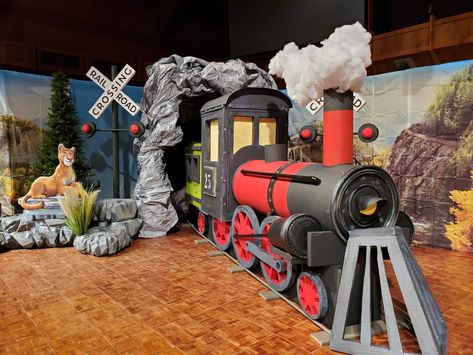 Train Depot Decor, Train Station Decor, Train Prop, Train Diy, Cardboard Train, Polar Express Christmas Party, Diy Train, Polar Express Theme, Vacation Bible School Themes