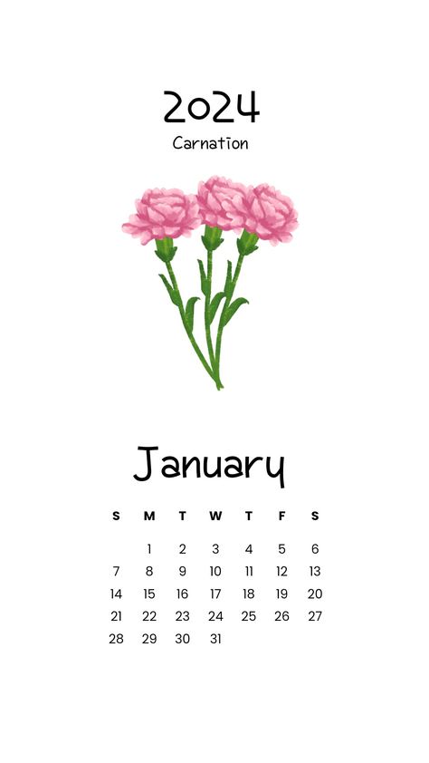 #2024 #calender #2024calender #January #January2024 #Januarycalender #monthlycalender #Carnation #snowdrop #love #affection #hope #minimal #aesthetic  #calenderwallpaper #flowers #floral #birthmonthflowers #birthflower #wall calender #trendywallcalender #trendydesign Calender 2024 January, Flower Of January, Printable Calender, Calender Printables, January Carnation, January Birth Flower, Flower Calendar, January Birth Flowers, January Calendar