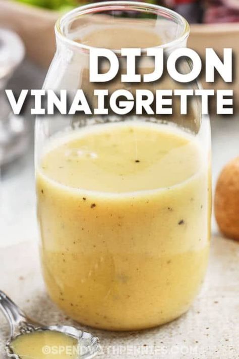 There's no need to buy bottled dressing with this delicious recipe for dijon vinaigrette! It is great tasting on crisp, green salads with anything from romaine to spinach or arugula. With its uniquely sweet and bright tangy flavor, it makes every salad a new favorite side dish! Quick easy, and healthy, this homemade dressing will become a kitchen staple. #dijonvinaigrette #homemadevinaigretterecipe #easydressingrecipes #spendwithpennies Healy Foods, Burger Sauces, Honey Mustard Sauce Recipe, Honey Mustard Salad Dressing, Mustard Salad Dressing, Sweet Sauces, Homemade Honey Mustard, Honey Mustard Vinaigrette, Dijon Vinaigrette