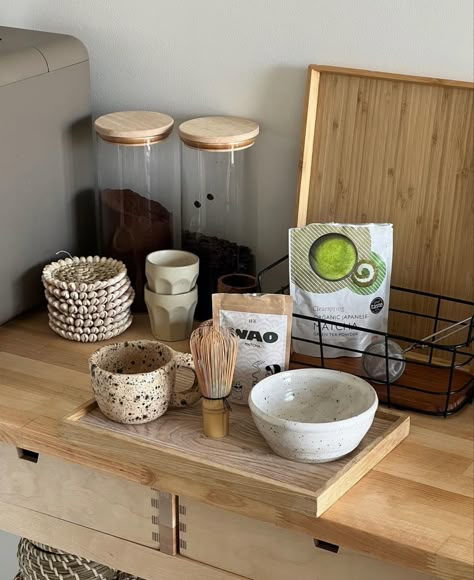 Matcha Corner, Matcha Station, Dark Wood Shelves, Tea Station, Matcha Set, Home Coffee Stations, Coffee Nook, Kitchen Organisation, Coffee Experience