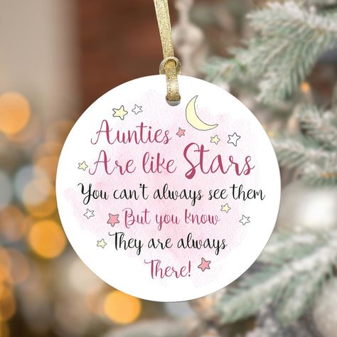 Thank You Auntie Ceramic Bauble Decoration Ideas Gifts From Niece Nephew Birthday Plaque - Aunties are like stars quote Description:    A  Perfect  Lovely Ceramic Keepsake G ift for Special Occasions . Hung with Ribbon. Ribbon may vary.  Professionally Printed  Unique design with custom quote.   Size:Approx 2.85 inch  Material:Ceramic Shipping:   We aim to get all orders dispatched within 1-2 working day by Royalmail,please do allow us up to 3 working days for busy time. Contact Us:   If you hav Auntie And Niece Quotes, Bauble Decoration Ideas, Aunt Quotes Funny, Auntie Quotes, Niece Quotes, Aunt Quotes, Ceramic Keepsake, Nephew Birthday, Star Quotes