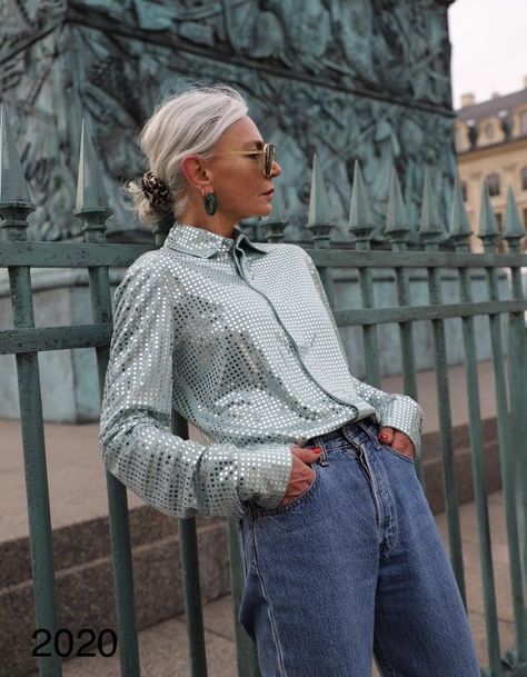 Sequin Shirt Outfit, Grece Ghanem Style, Grace Ghanem, Missed You, Grece Ghanem, Grey Knitwear, Silver Shirt, Denim Street Style, Sequin Outfit