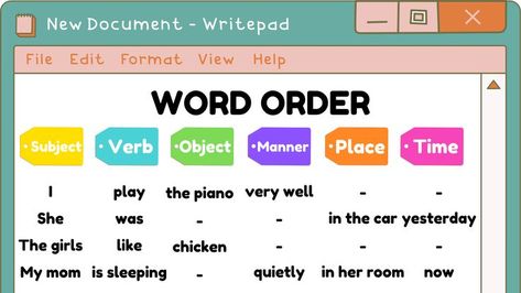 For students of all ages to easily understand how to make sentences in English in the correct order. Word Order In English, Sentences In English, English Grammar Book Pdf, Making Sentences, Sentence Correction, Word Order, English Grammar Book, Teaching Posters, Grammar Book