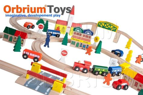 100-Piece Orbrium Triple-Loop Wooden Train Set Model Train Accessories, Toy Trains Set, City Vehicles, Wooden Train Set, Open Ended Toys, Train Sets, Wooden Train, Train Engines, Train Car