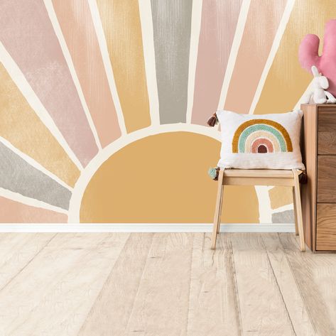 Sun Wall Murals Painted, Retro Sun Wallpaper, Sun Mural Wall, Class Mural, Sun Mural, Boho Mural, Sunset Mural, Geometric Wall Mural, Children Wall Art