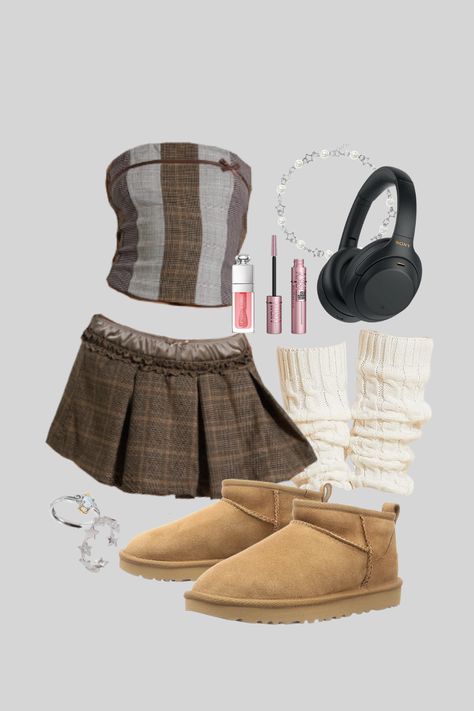 Sony Cream Headphones, Grey Checkered Skirt Outfit, Grey Leg Warmers Outfit, Cream Headphones, Checkered Skirt Outfit, Maybeline Mascara, Gray Leg Warmers, Leg Warmers Outfit, Dior Lipgloss