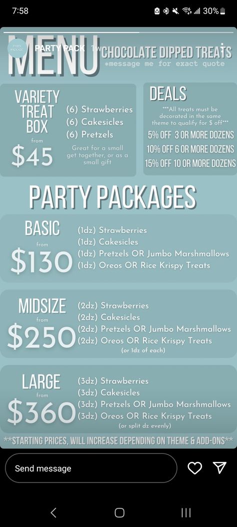 Sweet Treats Price List, Cake Pop Small Business, How To Start A Sweet Treat Business, Dessert Pricing Chart, Treats For Sale Ideas, Bakery Pricing Guide, Chocolate Covered Treat Prices, Cakesicle Pricing, Baked Goods Pricing