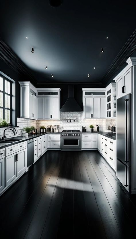 47+ Best White Kitchen Cabinet Decor Ideas 97 Dark Walls With White Cabinets, Black Kitchen With White Cabinets, Black Ceiling In Kitchen, White Black Kitchen Cabinets, Kitchen With Black Ceiling, Black And White House Interior Design, White Cabinets Black Floor, Black Kitchen Walls White Cabinets, Black Walls White Cabinets