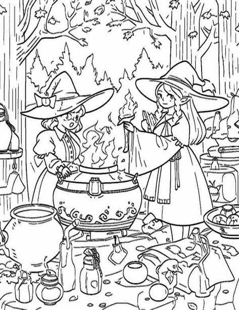 Witches coloring page for fall Coloring Pages For Adults Halloween, Bee And Puppycat Coloring Pages, Witchy Colouring Pages, Cozy Coloring Pages Printable, Aesthetic Fall Coloring Pages, Cozy Fall Coloring Pages, Silly Coloring Pages, Fall Adult Coloring Pages, Free Coloring Pages Printables Adults