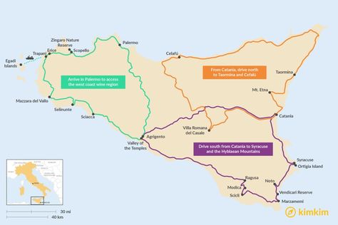 Map of A Week in Sicily: 3 Great Self-Drive Itineraries Sicily Trip, Week In Italy, 2 Weeks In Italy, 10 Days In Italy, Wine History, Etna Volcano, Sicily Travel, Itinerary Ideas, Italian Lakes