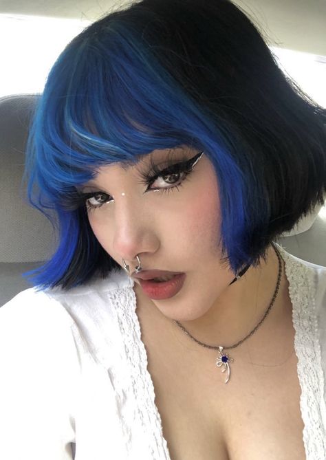 Black Blue Short Hair, Short Blue Hair With Bangs, Hair Color Ideas Bangs, Black Sapphire Hair, Short Blue Hair, Hair Orange, Blue Black Hair, Dip Dye Hair, Dreadlock Hairstyles For Men