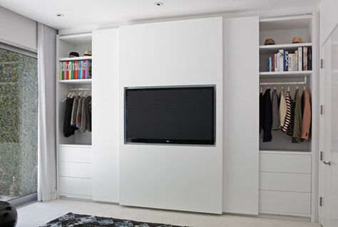 TV mounted with sliding closet doors Closet Con Tv, Bedroom Closet Doors Sliding, Bedroom Closet Doors, Contemporary Closet, Bedroom Cupboard Designs, Bedroom Closet Design, Sliding Closet Doors, Bedroom Closet, Cupboard Design