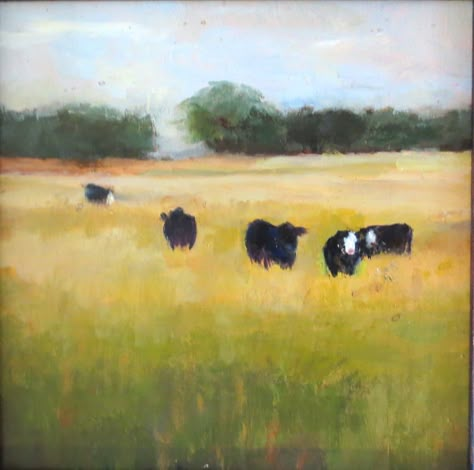 Cow In Field Drawing, Field With Cows Painting, Cows In A Field Aesthetic, Cow Field Painting, Watercolor Cows In Field, Cows In Pasture Painting, Cows In Field Painting, Cow Pasture Painting, Cow Landscape Painting