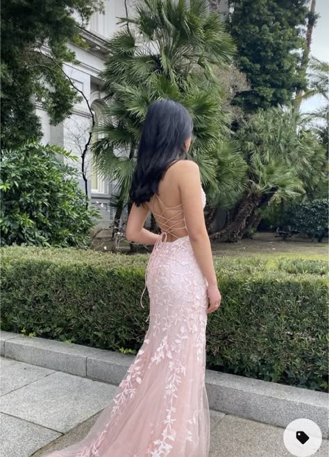 Light Color Prom Dresses Long, Pink Lace Back Prom Dress, Champagne Pink Dress Prom, Pink Prom Dress Brunette, Light Pink Floral Prom Dress, Pink Simple Prom Dress, Pink Flower Prom Dress, Prom Dresses For Pale Skin, Prom Dresses Blonde Hair