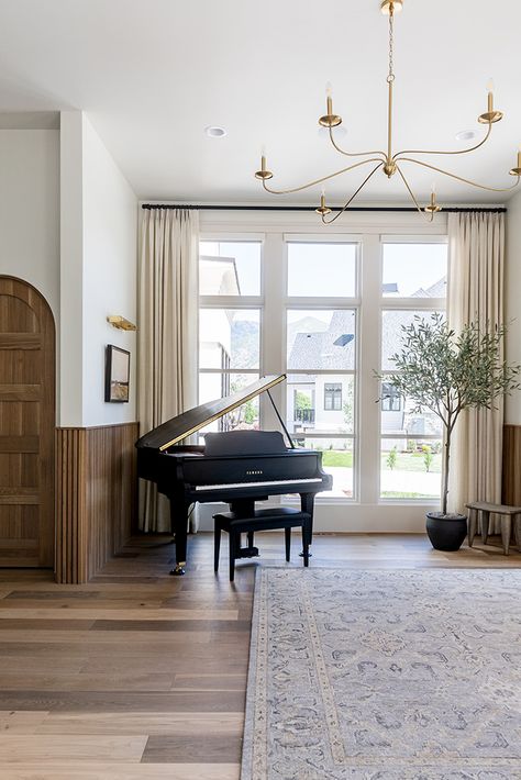 Piano Against Window, Piano In Corner Of Living Room, Baby Grand Piano In Living Room, Modern Piano Room, Piano Room Design Modern, Piano In Entryway, Piano In Small Living Room, Piano Dining Room, Grand Piano In Living Room