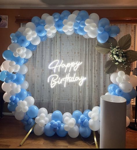 Blue And White Stage Decoration, Blue Background Birthday Decoration, Stage Decor Balloons, Janmashtami Decoration Balloon, Blue Colour Balloon Decoration, Birthday Decoration Ideas At Home Simple, Decoupage Lampshade, Cradle Decoration, Balloon Decorations Diy Tutorials