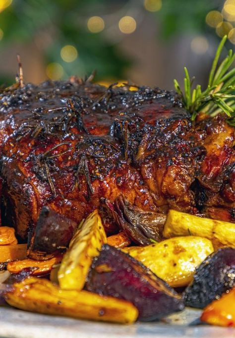 Slow-Roasted Lamb with Rosemary, Garlic & Red Wine & Rosemary Roasted Roots - Ainsley Harriott Lamb In Oven, Lamb Leg Roast Recipes, Ainsley Harriot, Lamb Slow Cooker Recipes, Food Slow Cooker, Lamb Roast Recipe, Red Wine Recipe, Lamb Leg Recipes, Red Wine Reduction