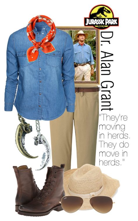 Dr. Alan Grant - Jurassic Park by snakeinmyboots on Polyvore featuring New Look, Uniqlo, Frye, Heidi Klein, rumisu, Ray-Ban, Abercrombie & Fitch and Therapy Halloween Costumes Jurassic Park, Alan Grant Jurassic Park, Dr Alan Grant, Jurassic Park Costume, Explorer Costume, Family Themed Halloween Costumes, Jurassic Park Birthday Party, Alan Grant, Jurassic Park Party