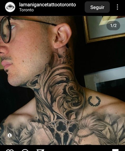 Men's Throat Tattoos, Floral Neck Tattoo Men, Neck Filler Tattoo, Filigree Neck Tattoo, Skull Throat Tattoo, Skull Neck Tattoo, Throat Tattoo Men, Front Neck Tattoo For Guys, Neck And Throat Tattoos Men