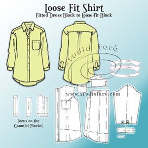 Studio Faro | Loose Fit Shirt #wellsuitedblog #patternpuzzles #creativepatternmaking #sewingpatterns #vintagepatterns #PDFsewingpatterns #digitalgarmentblocks #plussize #studiofaro #patternmakinginstructions #patternmakingworksheets Drape Skirt Pattern, Collars Diy, Shirt Sewing Pattern, Twist Pattern, Loose Fit Shirts, Tees Pattern, Draped Skirt, Pattern Drafting, Shirt Embroidery