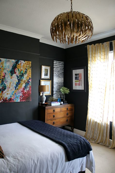 Remove thick heavy curtains and brighten up a bedroom with thinner drapes and dressings. We love the light airy feel Swoon Worthy achieves, even with a dark wall colour. Dark Bedroom, Bedroom Light Fixtures, Dark Furniture, Black Bedroom, Dark Walls, Bedroom Black, Trendy Bedroom, Simple Bedroom, Black Walls