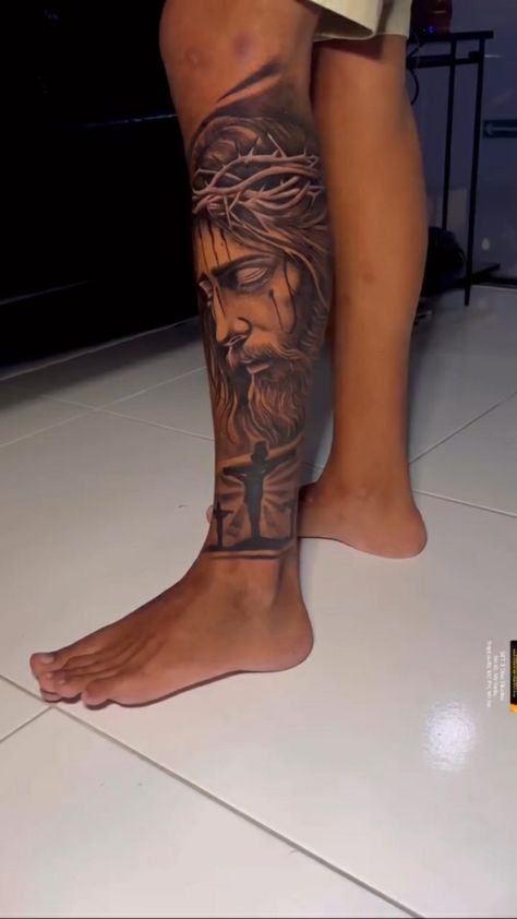 Men Leg Tattoo Ideas Sleeve, God Leg Tattoo Men, Half Sleeve Leg Tattoo Men, Full Leg Sleeve Tattoos For Guys, Best Leg Tattoos Men's, Calf Tattoo Men Ideas Design, Leg Tattoo Black Men, Leg Tattoo Men Calves, Black Men Leg Tattoos