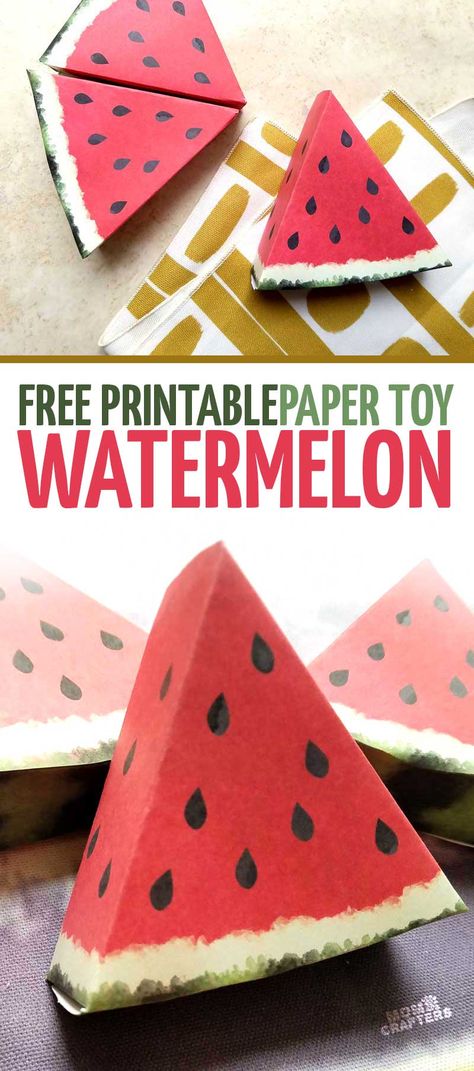 These paper craft templates are simply adorable! I love this beautiful watemelon paper craft - it's a free printable perfect for pretend play, summer party or picnic decor, table props, or anything really! These fruit printables have a realistic watercolor touch to them. Watermelon Crafts, Origami Rose, Folding Origami, Instruções Origami, Papercraft Printable, Homemade Toys, Papercraft Templates, Origami Design, Diy Origami