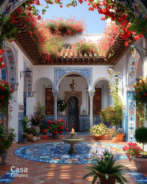 Immerse yourself in the charm of this Spanish courtyard adorned with vibrant bougainvillea and intricate blue tile work. The central fountain adds a touch of tranquility, creating a perfect outdoor haven. Follow CasaCampera for more enchanting garden inspirations! Bohemian Courtyard Ideas, Spanish Tiles Outdoor, Central Courtyard Design, Blue Courtyard, Spanish Courtyard Ideas, Colour Schemes Kitchen, Two Chairs Living Room, Spanish Courtyard House, Mediterranean Garden Courtyard