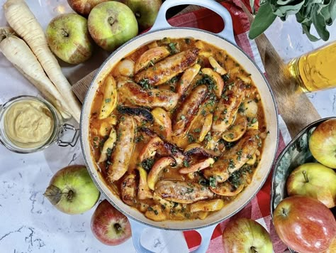 Sausage, Apple & Cider Casserole with Mustard, Sage, Parsnips — Clodagh McKenna Clodagh Mckenna, Veggie Sausage, Curry Stew, Sage Sausage, Sausage Casserole, Bbc Food, Clean Eating Dinner, Fresh Chicken, Health Dinner Recipes