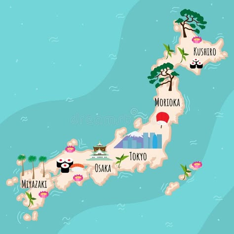 Cartoon map of Japan. Travel illustration with landmarks, buildings, food and plants. Funny tourist infographics. National royalty free illustration Japan Cartoon, Japan Infographic, Japan Travel Illustration, Japan City Illustration, Map Of Japan Aesthetic, Japan Travel Map, Map Of Japan, Japan Map Illustration, Japan For Kids