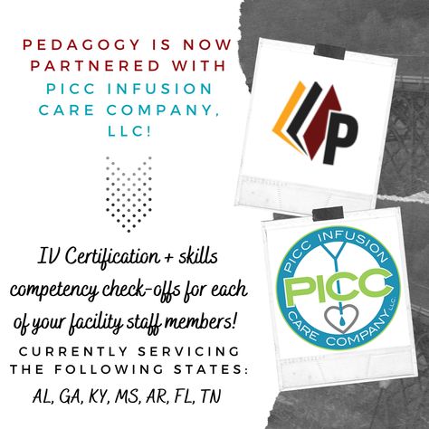 Pedagogy is now partnered with PICC Infusion Care Company to provide facilities with IV certification and skills competency check-offs, all in one easy click! #PICC #CNE #infusion #AlabamaLVN #GeorgiaLVN #KentuckyLVN #MississippiLVN #ArkansasLVN #FloridaLVN #TennesseeLVN #nursing #LPN #IVtherapy #healthcare Iv Certification, Education Certificate, Acute Care, Iv Therapy, Doctor Office, Long Term Care, Home Health, Online Learning, Online Courses