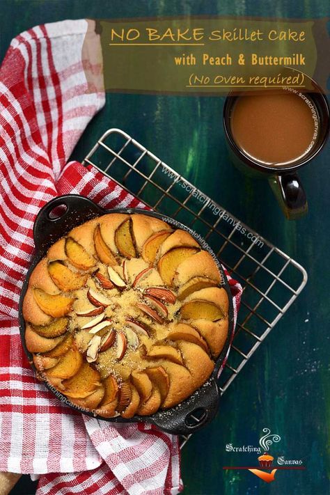 No Bake Skillet Cake Recipe Peach Buttermilk, Skillet Cake, Buttermilk Cake, Food Advertising, Conventional Oven, Sponge Cake, Round Cakes, Spice Mixes, Baking Pans