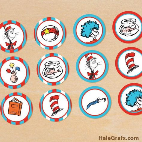 cat hat cupcake toppers FREE Printable Cat in the Hat Cupcake Toppers Dr Seuss Cupcake Toppers, Hat Party Ideas, Dr Seuss Cupcakes, Seuss Cupcakes, Dr Seuss Birthday Party Ideas, Dr Suess Birthday, Cat In The Hat Birthday, Dr Seuss Party Ideas, Cat In The Hat Party