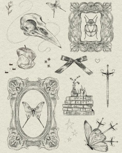 Tiny whimsical tattoos ♡ - (Pls dm me for the tattoo ticket & high res files) 10$ usd #whimiscal #tinytattoo #tattooflashart… | Instagram Most Aesthetic Tattoos, Styles Of Tattooing, Photo Booth Tattoo, Whimsy Tattoo Ideas, Whimsy Tattoo Designs, Whimsical Flash Tattoo, Goth Style Tattoo, Whimsical Back Tattoo, Small Whimsical Tattoos