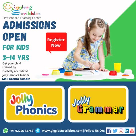 Phonics Classes Pamphlet, Jolly Grammar, Learning Centers Preschool, Tuition Classes, Art Kits For Kids, Jolly Phonics, Kids Training, Visiting Card, Art Kits