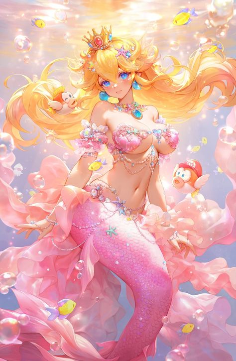 Princess Peach Mermaid by MushroomMirror Super Princess Peach, Super Mario Princess, Trippy Cartoon, Super Princess, Peach Mario, Mario Fan Art, Nintendo Fan Art, Disney Princess Artwork, Peach Art