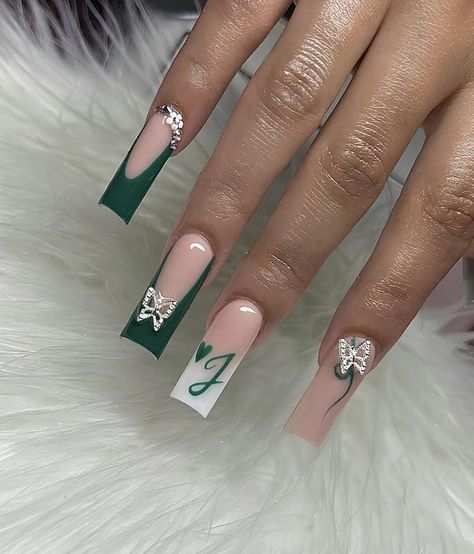 Sage Square Nails, Green Nails With Stones, Nails With A J, Initial On Nails Boyfriends, Green Nails Prom, Long Green Nails, Emerald Green Nails Acrylic, Nails With Stones, Initial Nails