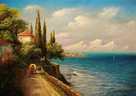 Oil Painting Mediterranean By Yasser Fayad Oil Painting On Paper, Oil Painting Tutorial, Acrylic Painting Lessons, Landscape Paintings Acrylic, Step By Step Painting, Painting Lessons, Painting Videos, Painting Class, Wildlife Art